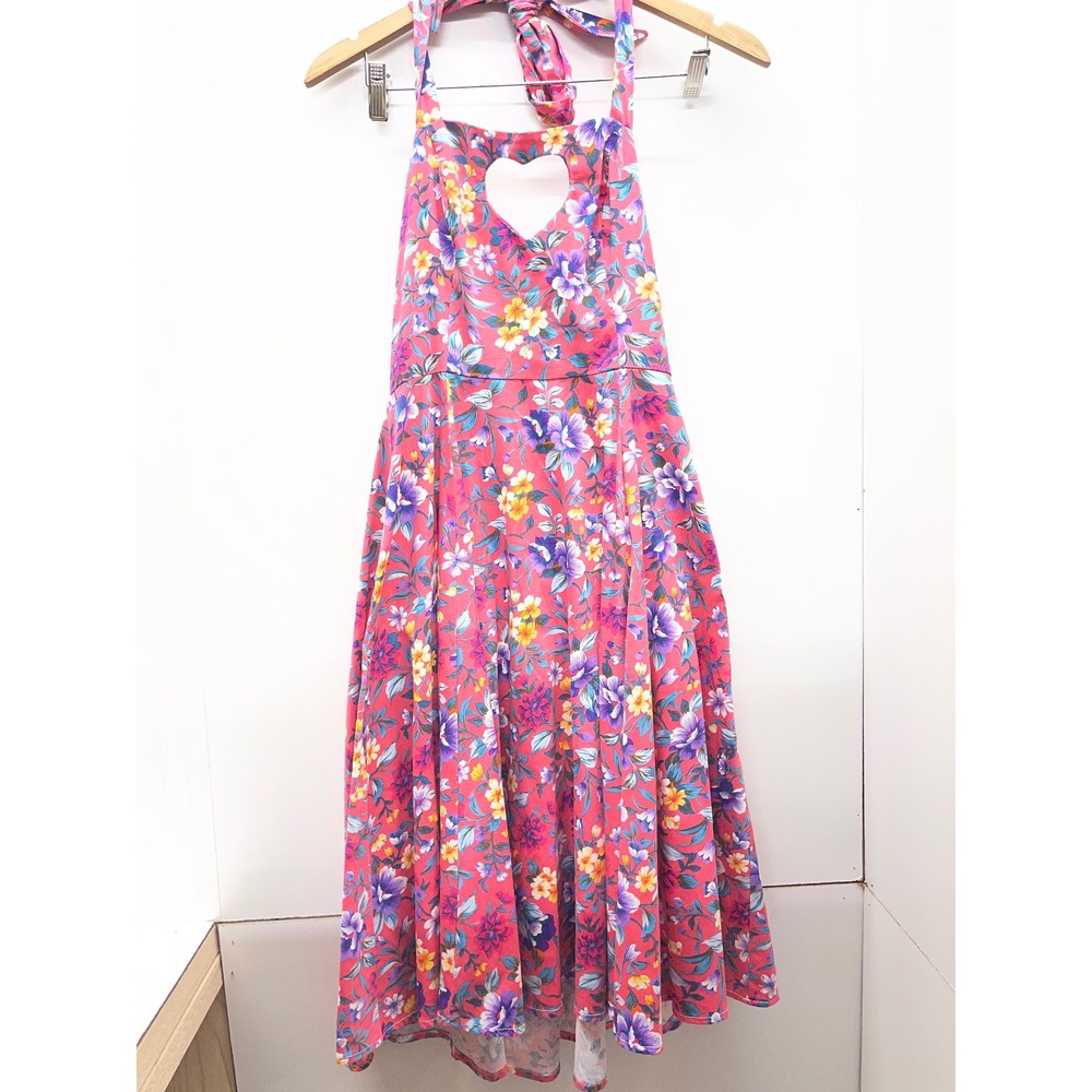 Hearts & Roses Pink Floral Heart Cutout Halter Rockabilly Dress Womens US 6